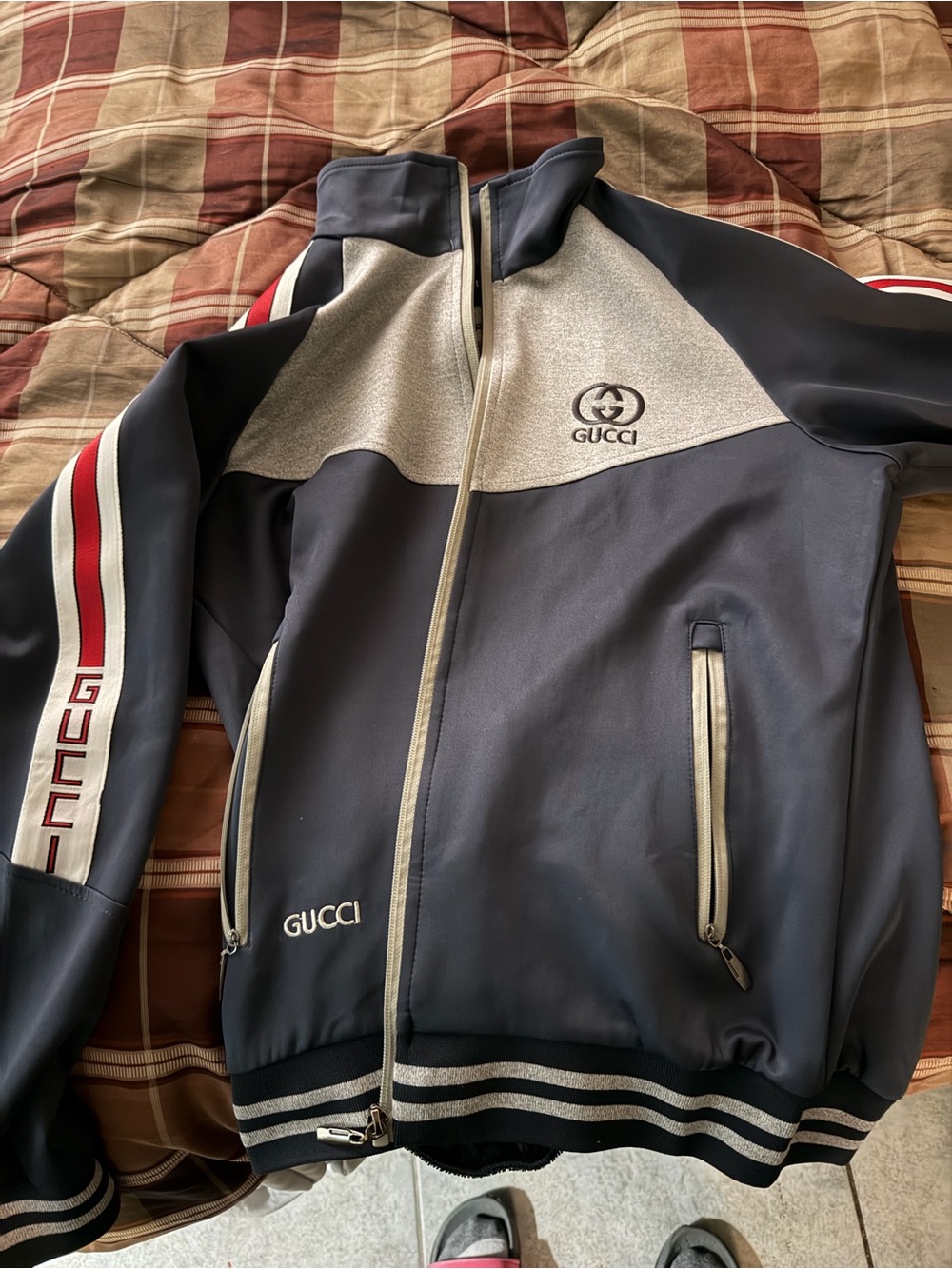 Gucci Men’s Navy and Gray Track Jacket with Red Stripe Accents